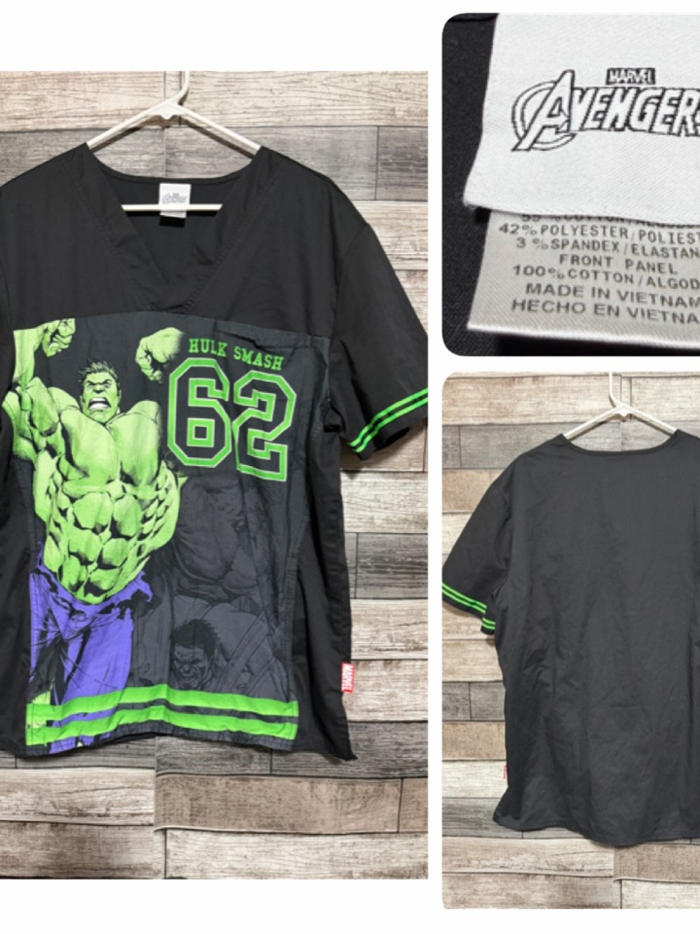 Marvel Avengers Hulk Smash Scrub Top Shirt Men’s L Black V-Neck Short Sleeve